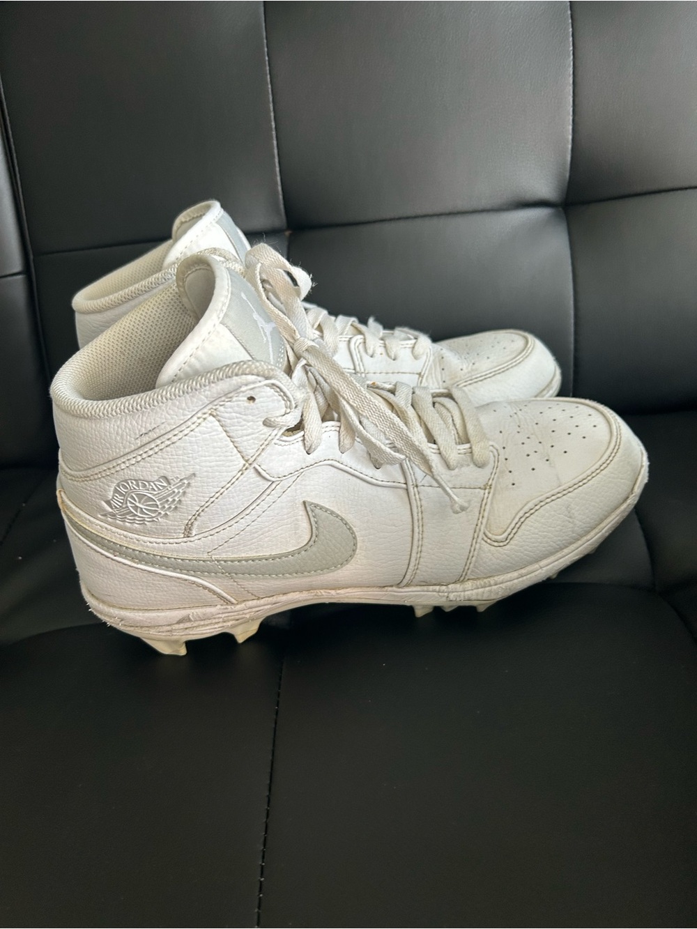 Nike Jordan 1 Mid TD white Cleats with silver/grey swoosh